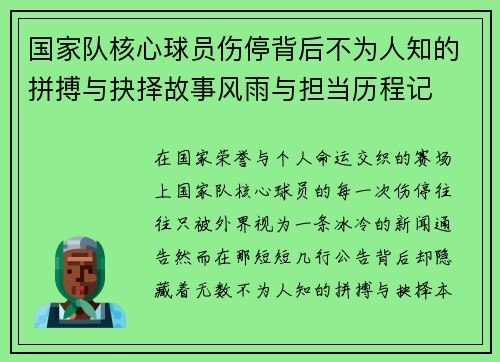 国家队核心球员伤停背后不为人知的拼搏与抉择故事风雨与担当历程记 国家队核心球员伤停背后不为人知的拼搏与抉择故事风雨与担当历程记